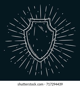 Hand drawn vector illustration with a Shield and divergent rays on blackboard. Used for poster, banner, web, t-shirt print, bag print, badges, flyer, logo design and more. Cartoon Shield