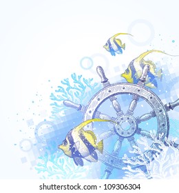 Hand drawn vector illustration - ship steering wheel, corals and tropical fishes