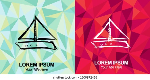 Hand Drawn Vector Illustration of Ship or Boat with Green and Red Polygon Geometric Background