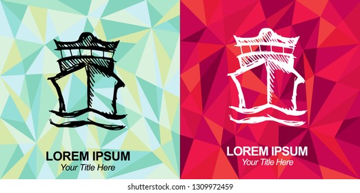 Hand Drawn Vector Illustration of Ship or Boat with Green and Red Polygon Geometric Background