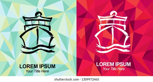 Hand Drawn Vector Illustration of Ship or Boat with Green and Red Polygon Geometric Background