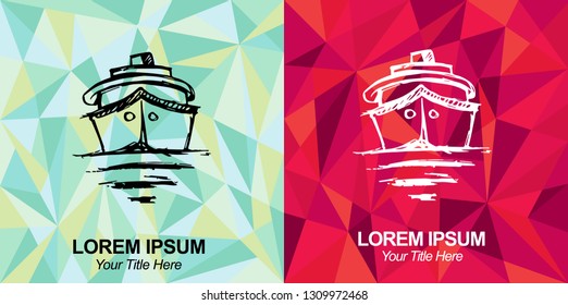 Hand Drawn Vector Illustration of Ship or Boat with Green and Red Polygon Geometric Background