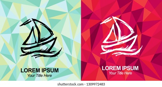 Hand Drawn Vector Illustration of Ship or Boat with Green and Red Polygon Geometric Background