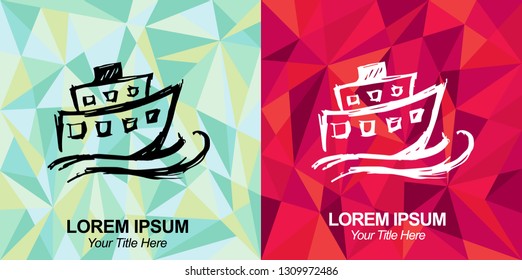 Hand Drawn Vector Illustration of Ship or Boat with Green and Red Polygon Geometric Background