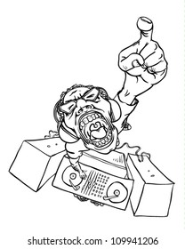 Hand drawn vector illustration of shouting bizarre disc jockey playing electro music