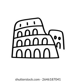 Uma ilustração vetorial desenhada à mão mostra o Coliseu em Roma, Itália. Simples, ícone de contorno preto do monumento contra um fundo branco limpo