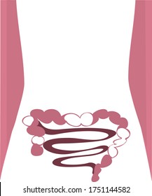 Hand drawn vector illustration. Sick intestines. Schematic representation of the internal organs of the peritoneum in the human body.