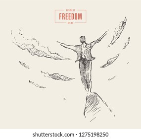 Hand drawn vector illustration, silhouette of a man on top of a hill, successful climber on a mountain, winner concept, sketch