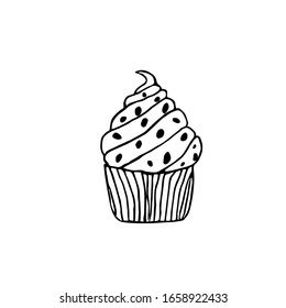 Hand drawn vector illustration. Silhouette of a muffin, cupcake Doodle, simple shape, sketch. Cute drawings for decor, cafe menu.