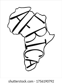 Hand drawn vector illustration with Silhouette of African continent and hand written lettering Africa in black and white