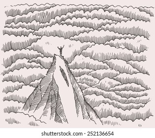 Hand drawn vector illustration, silhouette of a successful climber on a mountain, sketch