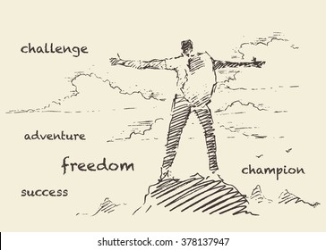 Hand drawn vector illustration, silhouette of a successful climber on a mountain, sketch