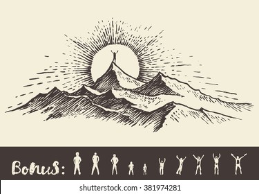 Hand Drawn Vector Illustration, Silhouette Of A Man On The Top Of The Hill Against Sunrise, Sketch