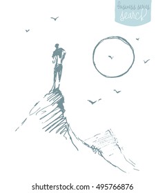 Hand drawn vector illustration, silhouette of a man on the top of the hill against sunrise, sketch