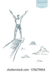 Hand drawn vector illustration, silhouette of a man on the top of the hill, sketch