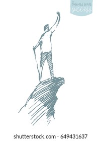 Hand drawn vector illustration, silhouette of a man on the top of the hill, sketch