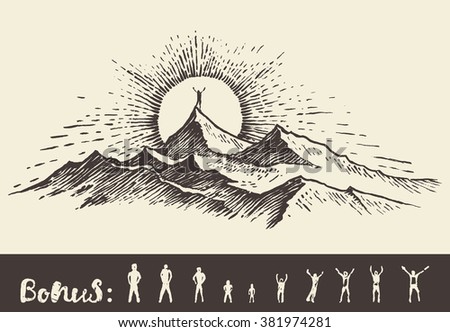 Hand drawn vector illustration, silhouette of a man on the top of the hill against sunrise, sketch