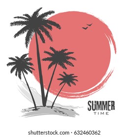 Hand drawn vector illustration of silhouettes of palm trees on the background of a red sun