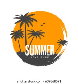 Hand drawn vector illustration of silhouettes of palm trees on the background of a red sun.