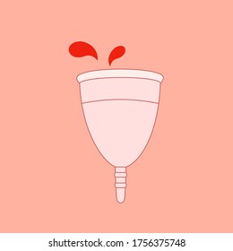 Hand drawn vector illustration of silicone menstrual cup with blood splashes in cartoon style. Women hygiene health body care concept. Reusable nature friendly materials zero waste