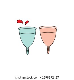 Hand drawn vector illustration of silicone menstrual cup with blood splashes in cartoon style. Women hygiene health body care concept. Reusable nature friendly materials zero waste