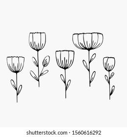 Hand drawn vector illustration. Simple cartoon flowers, set, black lines on white background, sketch, Doodle, silhouette. For coloring book.