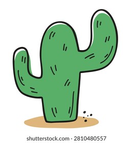 A hand drawn vector illustration of a simple green cactus with two arms on a small patch of desert sand isolated on a white background