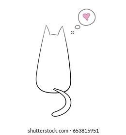 Hand drawn vector illustration with simple outline of a cat from behind with thought bubble containing pink heart. Unfilled outline on white background. Design concept for children.