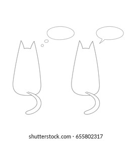 Hand drawn vector illustration with simple outlines of two cats from behind with empty speech bubbles. Unfilled outline on white background. Design concept for children.