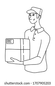 Hand drawn vector illustration. Single cartoon character. Delivery worker with a parcel. Portrait of delivery man, courier. Black contour drawing isolated on white background. Doodles, flat, simple.