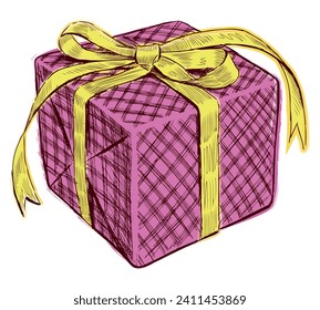 Hand drawn vector illustration of single pink gift box tied yellow ribbon with elegant bow isolated on white