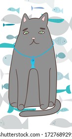 Handgezeichnete Vektor-Abbildung einer süßen Cartoon-Katze mit Fischen im Hintergrund