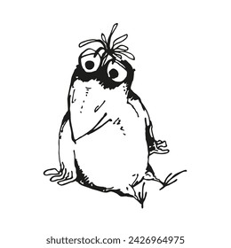 hand drawn vector illustration of sitting cartoon funny crow, monochrome sketch of cute bird crow, inked silhouette of posing flying animal isolated on white background