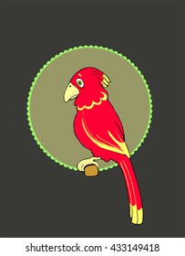 Hand drawn vector illustration of a sitting red parrot with opened eyes