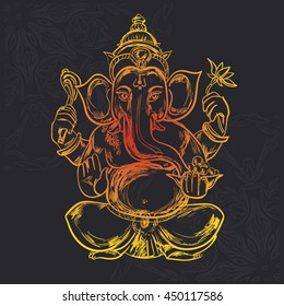 Hand drawn vector illustration of Sitting Lord Ganesha in Mandala Frame. For Tattoo, yoga, spirituality.