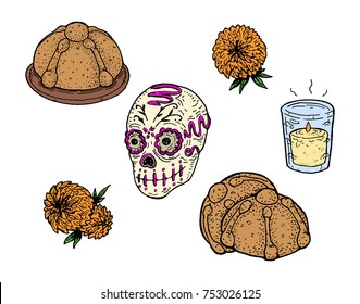 Hand drawn vector illustration of six Día de Muertos objects, incluiding Pan de Muerto, Cempasúchil Flower, Calavera de Azúcar and Offering Candle.