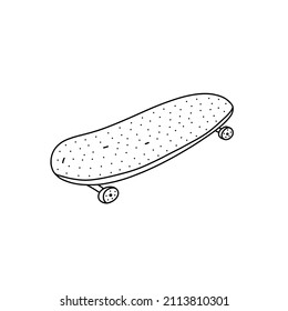 Hand drawn vector illustration of a skateboard doodle icon. Cute illustration of sport equipment icon on a white background.