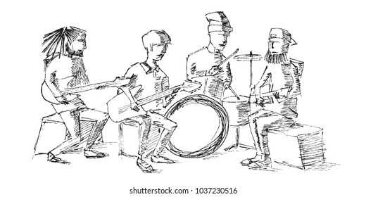 Hand Drawn Vector Illustration. Sketch with Rock Musicians