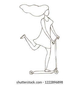 Hand Drawn Vector Illustration. Sketch a girl on a scooter. Coloring book page