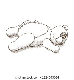 Hand Drawn vector illustration. Sketch with the image of a lying toy. Teddy bear with buttons instead of eyes and a seam on the stomach. Coloring book page
