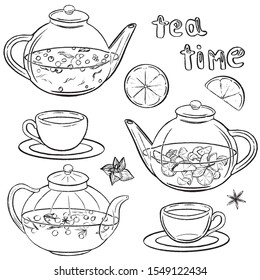  Handgezeichnete Vektorillustration im Skizzenstil. Wasserkocher und Becher mit verschiedenen Teesorten. Grafiksammlung einzeln auf Weiß. Teezeitschrift. Set warme Getränke. Elemente für viele Designs.