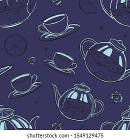 Hand drawn vector illustration in sketch style. Kettles and mugs with different types of tea. Seamless pattern isolated on blue. Tea time wallpaper. Background of hot drinks. Elements for many design.