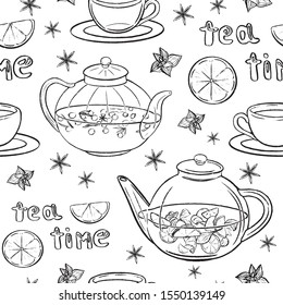 Hand drawn vector illustration in sketch style. Kettles and mugs with different types of tea. Seamless pattern isolated on white. Tea time lettering. Background of hot drinks. Elements for many design