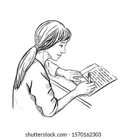 Hand drawn vector illustration. Sketch of student pretty young girl. The school girl writes. Study, work, records. Black and white outline graphic picture isolated in white. Vintage engraving style.