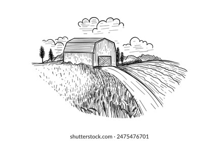 Hand drawn vector illustration sketch rural landscape field house granary