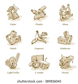 Hand drawn vector illustration sketch of trash categories with organic, paper, plastic, glass, metal, e-waste, batteries, light bulbs and mixed waste.