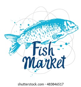 Hand drawn vector illustration with sketch of carp. Fish Market. Seafood menu.