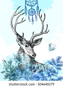 Hand drawn vector illustration sketch of deer.  Boho style. Use for scrapbook, tissue, textile, cloth, fabric, web 