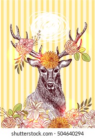 Hand drawn vector illustration sketch of deer.  Boho style. Use for scrapbook, tissue, textile, cloth, fabric, web 