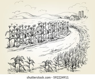 Hand drawn vector illustration sketch rural landscape field house granary
